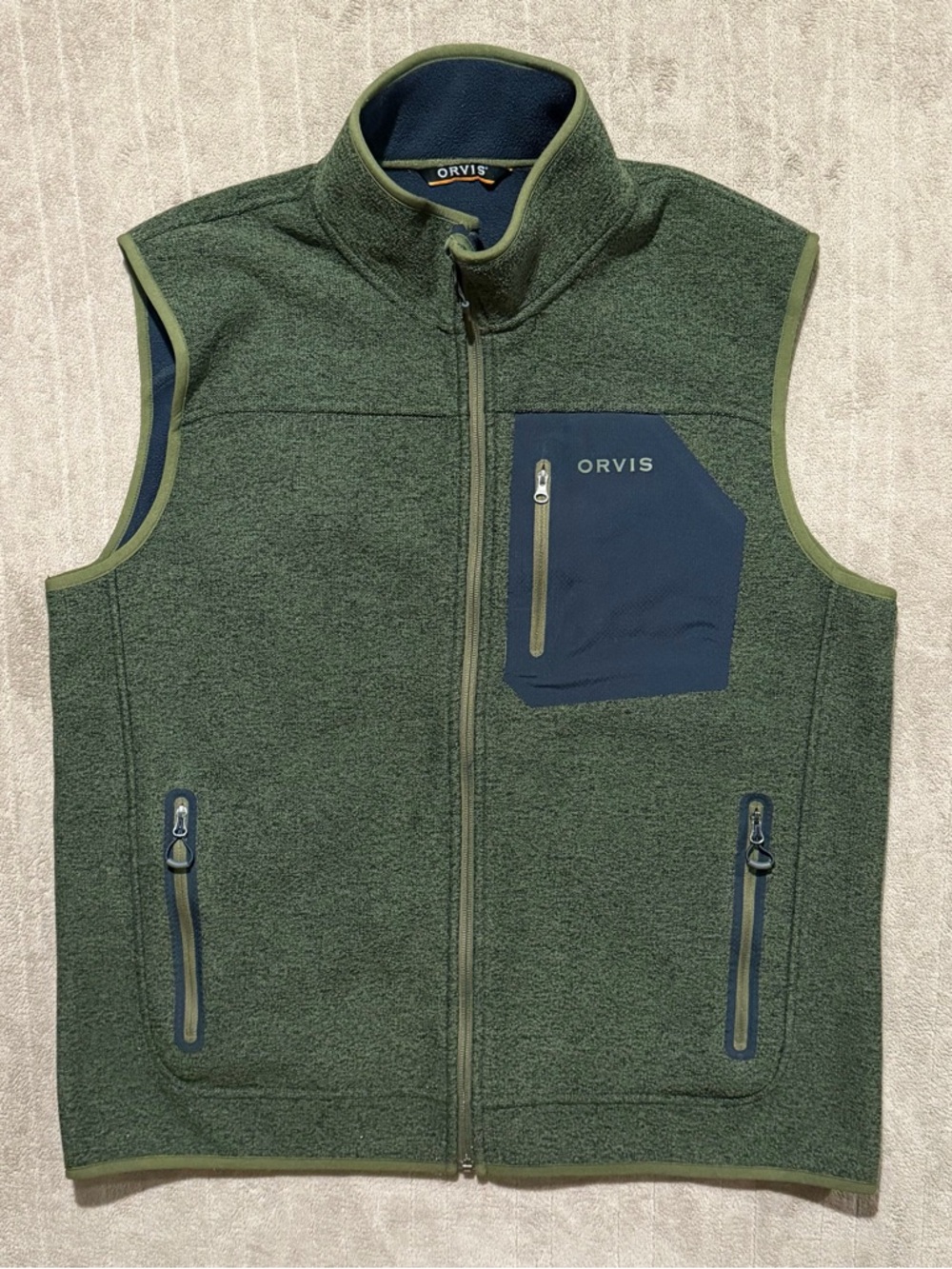 Orvis Vest Mens Large Green Blue Fleece Full Zip Lined Pockets Outdoor Layer